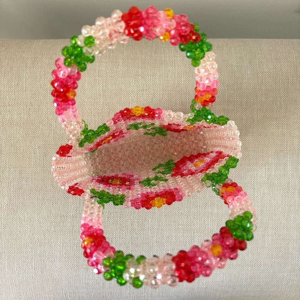 Anthropologie Small Beaded Tote Bag NWT Acrylic Floral Design Handmade